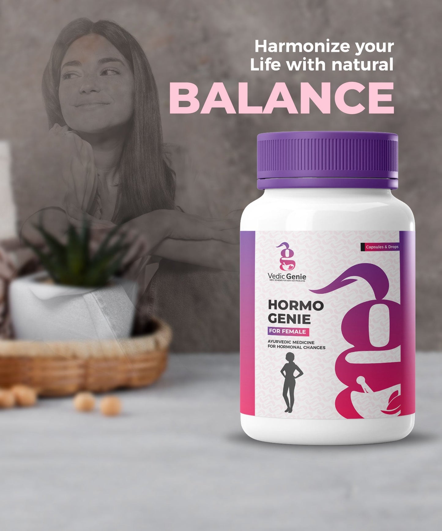 Hormo Genie for Female supplement bottle with capsules